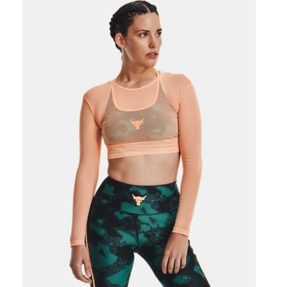 UNDER ARMOUR Project Rock Peach Horizon Black Orange Sheer Mesh crop top size XS - Picture 1 of 10
